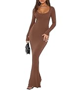 REORIA Womens Basic Sexy Square Neck Long Sleeve Soft Lounge Long Dress Fall Casual Ribbed Bodyco...
