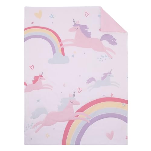 Image of NoJo Carter's Rainbow Unicorn Pink, Purple, and Aqua Dream Big 4 Piece Toddler Bed Set - Comforter, Fitted Bottom Sheet, Flat Top Sheet, and Reversible Pillowcase