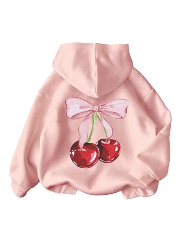 COZYEASE Girl's Cherry Print Hooded Sweatshirts Long Sleeve Graphic Hoodie Pullovers Tops