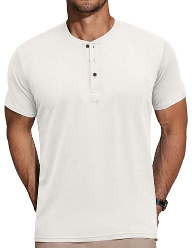 COOFANDY Camisa Henley Camisa Hombre Camiseta Manga Corta con Botones Camiseta Henley Camiseta Casual Verano Camiseta Básica Cuello Henley Blanco M