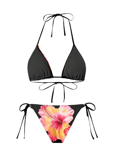 Image of ZAFUL Women's 3 Piece Swimsuit Floral Halter Triangle String Bikini Tie Side Bottom with Boho Cover Up Skirt