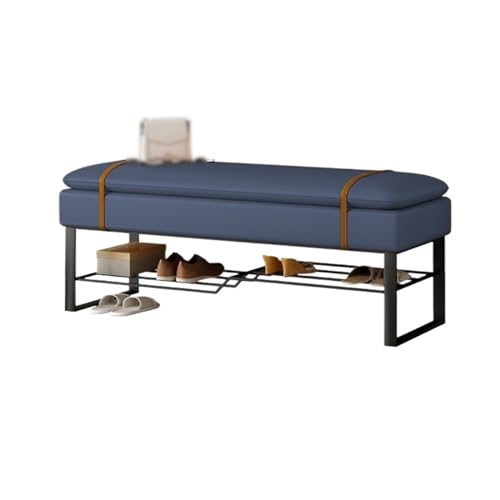 RENEESME Foot Stool for Bed Bedside Bench with Shoe Rack, Modern Upholstered Bedroom Bench Indoor Bench for Entrance Living Room Bedroom Dining Room Bed Step Stools for High Beds(Blue)
