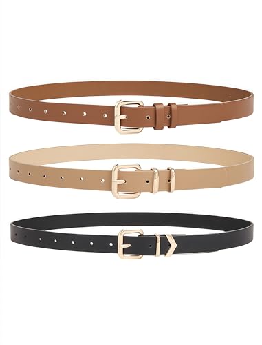 3 Pack Skinny Women Leather Belt for Dresses Thin Waist Belt for Jeans Pants with Gold Buckle