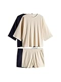 THE SET Damen Lounge-Set mit Oversized Fit T-Shirt und Shorts in Waffelstruktur, 2er-Pack Navy/Ecru Cream M
