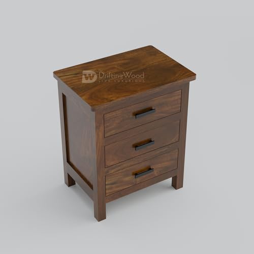 Image of DRIFTINGWOOD Roovi Solid Sheesham Wood Bedside Table with 3 Drawers | Wooden Nightstand & Side Table for Bedroom (Walnut Finish)