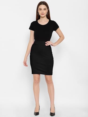 Image of Mehrang Formal Pencil Skirt, Women's Stretchable Pencil Midi Skirt, Cotton Blend Stretchable Knee Length Pencil Skirt with Elasticated Waist Belt