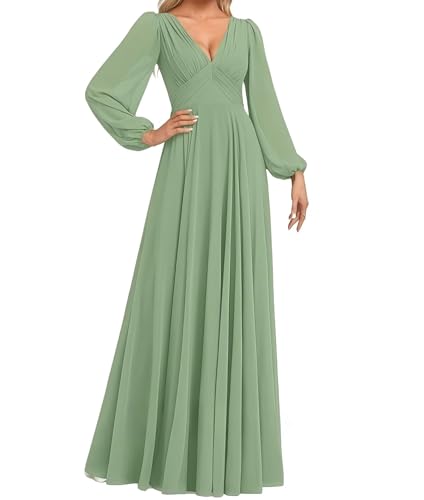 Women's Bridesmaid Dress V-Neck Long Lantern Sleeves Ruched Bust Floor Length Chiffon Formal Dresses4