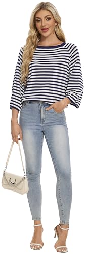 Image of Betu Women Striped Crewneck Batwing 3 /4 Sleave Fall Oversized Ribbed Knit Pullover Sweaters, 520 S