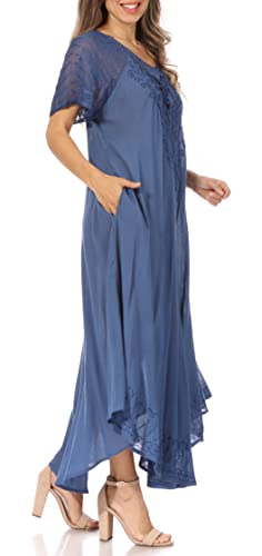 Image of Sakkas Egan Long Embroidered Caftan Dress /Cover Up with Embroidered Cap Sleeves
