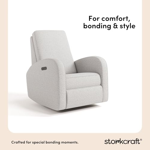 Image of Storkcraft Santa Monica Power Recliner Swivel Glider (Steel Basketweave) - GREENGUARD Gold Certified, CertiPUR-US Certified Foam, Effortless Electronic Power Recline, USB-A & USB-C Charger