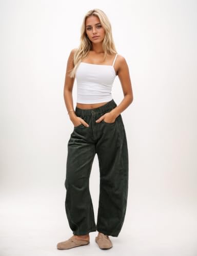 Womens Vintage Corduroy Mid-Rise Barrel Pants Elastic Waist Wide Leg Baggy Pants Trendy Casual Trouser2