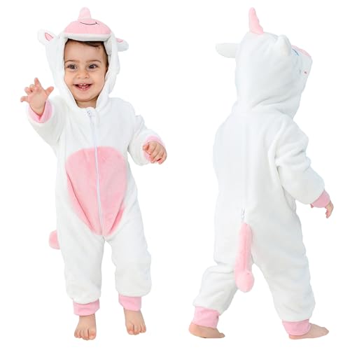 COOKY.D Bébé Filles Garçons Capuche Grenouillères Doux Flanelle Hiver Dessin Animé Pyjama de Combinaison pour 12-18 Mois, Licorne
