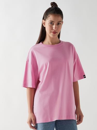 Image of Bewakoof Women's Solid Oversized Fit Half Sleeve Round Neck Cotton Jersey T-Shirt