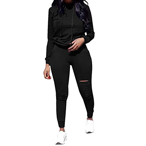 Unifizz Women s Sweatsuit Set 2 Piece Bodycon Sport Jogger Sets Ripped Pullover Long Sleeve Hoodie + Long Pants Black Size XL