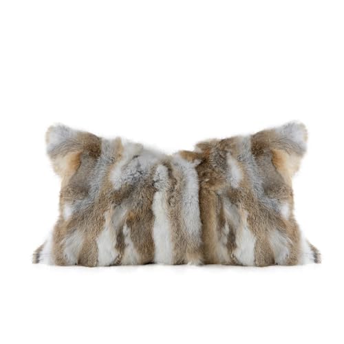 MOOX Rabbit Fur Throw Pillow Covers Decorative Fluffy Soft Fuzzy Plush Luxury Genuine Animal Skin Lumbar Pillow 12x20 Cushion Cover(Yellow-White 12x20inch)