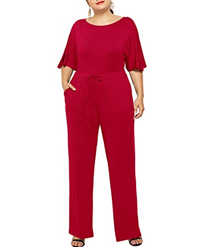 JFP JUST FOR PLUS Women Plus Size Solid Elastic Waist Long Jumpsuit red 3XL