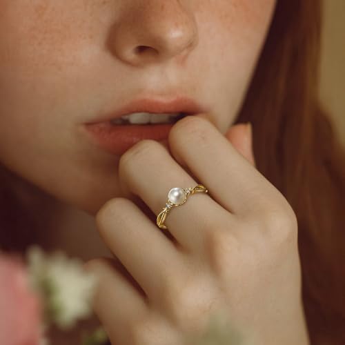 14K Gold Plated Pearl Rings for Women, Dainty Elegant Gold Rings, Pearl Rings for Women's Gifts Engagement Rings Size 5-103
