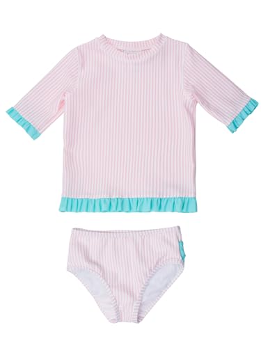 RuffleButts Baby/Toddler Girls UPF50+ Sun Protection Seersucker Short Sleeve Ruffle Rash Guard Bikini - Pink, 2T