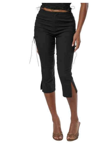 MakeMeChic Women's Going Out Pants Lace Up Y2K Capri Pants High Waisted Ruched Leggings Black Large