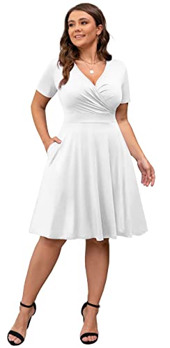 Image of POSESHE Womens Plus Size Dresses Summer Short Sleeve Wrap V-Neck Sundress Casual Wedding Guest Cocktail Dress with Pockets