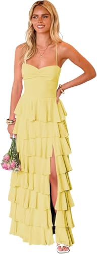 Vodistar Women's Spaghetti Straps Tiered Chiffon Prom Dresses Long with Slit Pleated Ruffle...