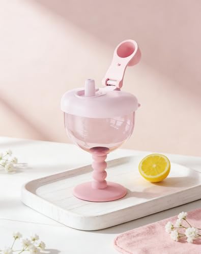 Cute No-Spill Goblet Cup with Lid Stylish Baby Goblet Wine Glass Sippy Cup Leak-Proof Travel Sippy Cup with Easy Measurement Marks for Ages 12 Months+ (Pink)
