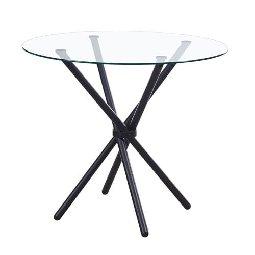 poutoujor Round Dining Table 90cm with Clear Tempered Glass top and Black Legs, 2-4 Seater Dining Table for Kitchen, Small Spaces, Apartment