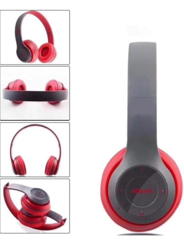 Image of JPGC Wireless Bluetooth Headphones, P47 Over-Ear Headset with Extra Bass, Foldable Design, Soft Memory Protein Earmuff, Bluetooth 5.0, FM Radio, SD Card Support, AUX Input, Black (Red)