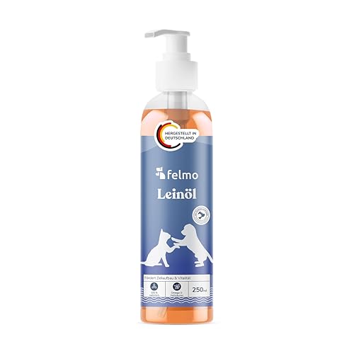 Felmo Aceite de linaza para perros y gatos (250 ml) en dosificador 100% natural, prensado en frío y vegetal, sin aditivos artificiales, fabricado en Alemania, rico en Omega 3 y vitamina E