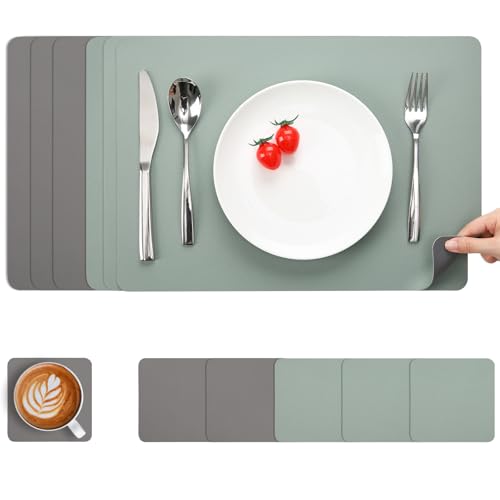 Myir JUN Manteles Individuales, Salvamanteles Manteles Lavables y Posavasos Mantel Individual Plastico de Doble Cara Antideslizant Mantel Individuales de PVC (Gris Verde Salvia, Juego de 6)
