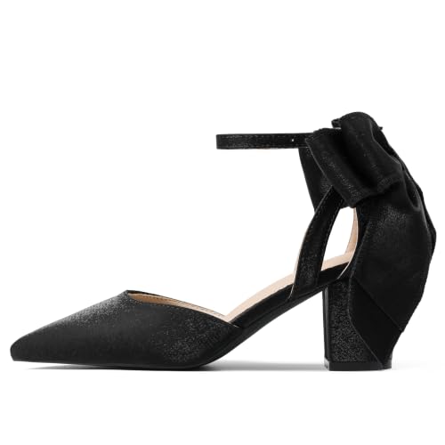 Yremael Women's Black Bow Heels Pointed Toe Pumps Satin Ankle Strap Chunky Block Kitten Heel Dress Shoes - image 2