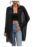 GORGLITTER Women's Sheer Mesh Tunic Blouses Long Sleeve Collared Button Down Shirts Loose Casual Tops Black L