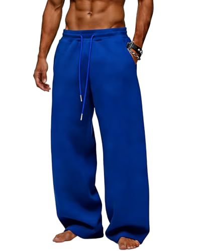Image of Men's Baggy Sweatpants Wide Leg Fleece Lounge Joggers with Deep Pockets | Soft 65% poly 35% cotton stretch blend, outer drawstring, open bottom, relaxed fit for gym, travel, errands and daily wear