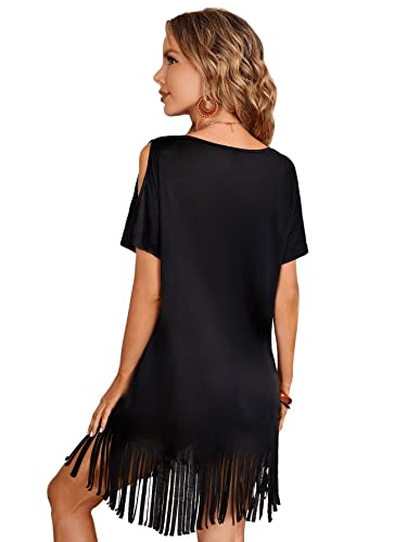Verdusa Women's Cold Shoulder V Neck Fringe Hem Straight Dress Without Belt2