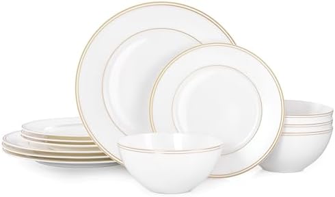 KINGSTONE Bone China Dinnerware Set, 12-Piece Dishes Set for 4, E...