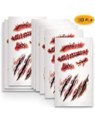 WFPLUS 30 Pieces Horror Halloween Scar Tattoo, Waterproof Temporary Tattoos, Realistic Fake Blood and Scar Cuts for Halloween Masquerade, Prank Makeup Props
