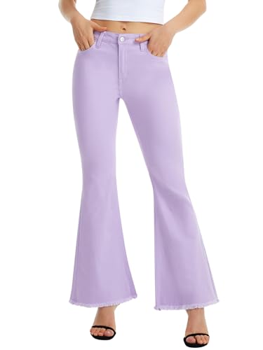 ONESO Womens Flare Jeans High Waist Bell Bottom Jeans for Women Stretchy Denim Distressed Raw Hem Wide Leg Pants