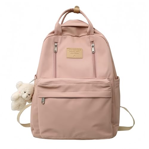Xfopz Backpack with Bear, Cute Backpack for Teen Girls Light Academia Bookbags Solid Aesthetic School Bag Waterproof Multi-Pocket Kawaii Laptop Bag for Student Boys Girls (Pink)
