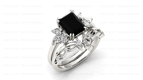 Vintage Black 1 CT Onyx Engagement Ring Set 2 Piece Black Onyx Bridal Ring Set Women Art Deco Unique Emerald Cut Black Onyx Wedding Ring Set Vintage Antique Anniversary Promise Ring Set3