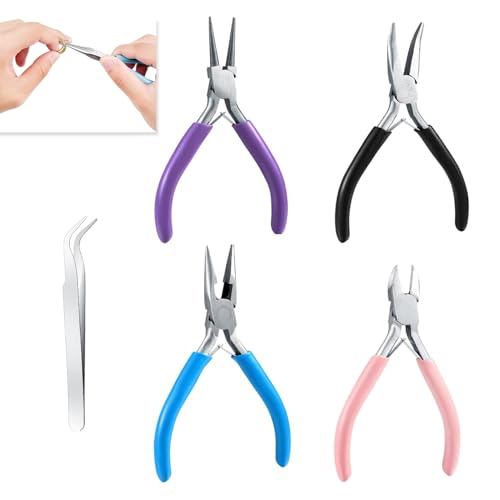 4 Pièces Pince à Bijoux Creation - Set de Pinces à Bec Long et Becs de Chaîne avec Coupe-fil et Épiler