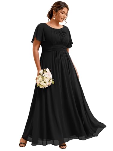 Ever-Pretty Plus Women's Summer Round Neck A Line Pleated Chiffon Short Sleeves Plus Size Formal Gowns Bridesmaid Dresses