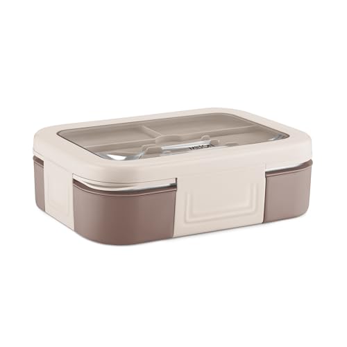 Image of MILTON Ethan 3 Inner Stainless Steel Tiffin Box for School, 3 Partition, Steam Release Plug | PU Insulated, Leak-Proof, Food Grade I Lunch Box for Kids Boys, Girls with Snap Lock Lid, 600 ml, Taupe