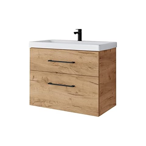Planetmöbel Waschtischunterschrank 64cm Badmöbel Set für Badezimmer Gäste WC Gold Eiche Cover