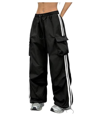 Women's Y2K Baggy Cargo Wide Leg Pants Striped Elastic Waist Long Sweatpants Workout Trousers Sportswear