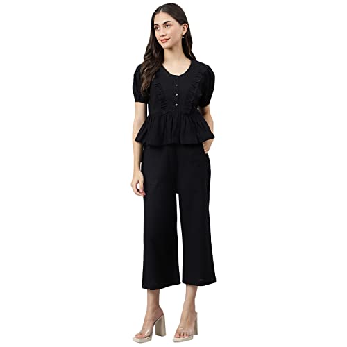Image of DEEBACO Women's Solid Calf Length Top with Trouser|V-Neck|Short Sleeve|Cord Set for Women Cotton|Jumpsuits Western Dress for Women Stylish|Two Piece Co ord Set|Party Casual Wear(Aqua Blue)