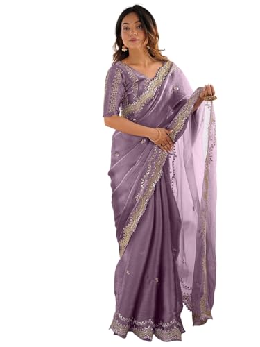 Image of Satrani Women's Shimmer Chiffon Sequins Embroidery Saree with Unstitched Blouse Piece