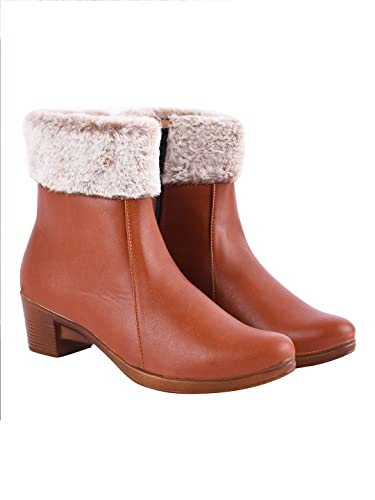 Image of Shoetopia Women's Ankle Boots with Faux Fur Lining | Stylish Winter Block Heel Zip Closure Boots for Casual & Party Footwear
