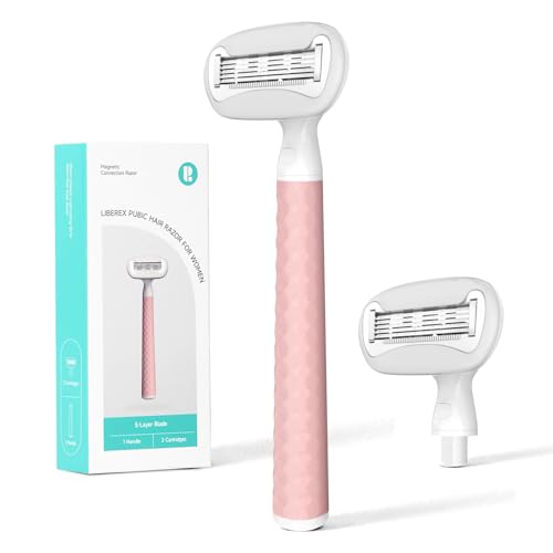 Pubic Hair Razor for Women - Shavers with Moisturizing Strip & 5 Layers Blade for Shaving Legs Bikini Area, 1 Handle, 2 Magnetic Cartridges, Pink
