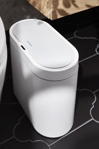 ELPHECO Bathroom Trash Can with lid - 2.5 Gallon Waterproof Sensor Trash Bin, 10 Liter Motion Sensor Trash Can, Slim Garbage Bin Bathroom Decor White with Grey Trim