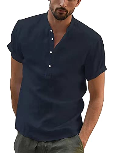  ORANDESIGNE Camicia da Uomo Manica Corta in Lino di Cotone con Bottoni Camicia Uomo Estiva Tinta Unita Slim Fit Magliette Casual da Spiaggia Hippie A-Blu Scuro L